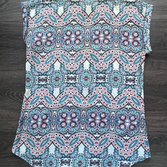 Express Patterned Cap Sleeve Portofino Shirt, Size S Small, Blue, Pink, White - Picture 3 of 6